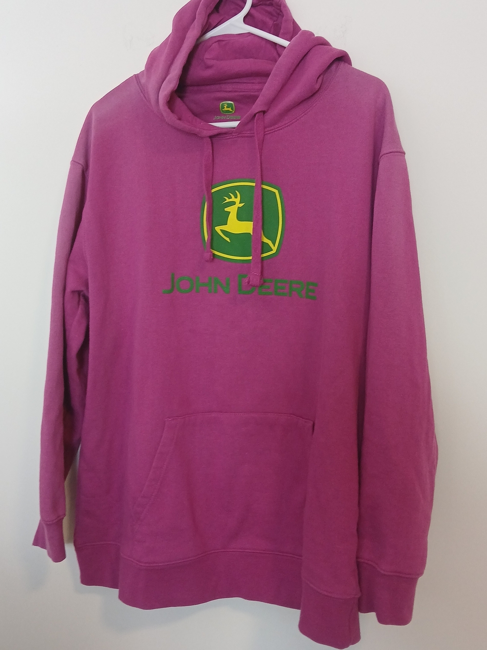 John Deere Women's Pink Pullover Hoodie with Green Logo (Faded Sleeves)